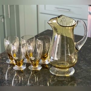 VINTAGE Amber EMPOLI Art Glass Pitcher with Five Matching Glasses